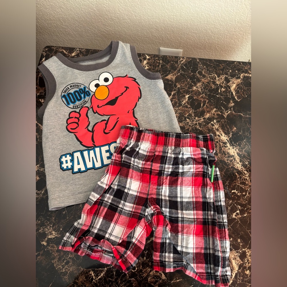 Elmo Tank Top and‎ Plaid Shorts Set